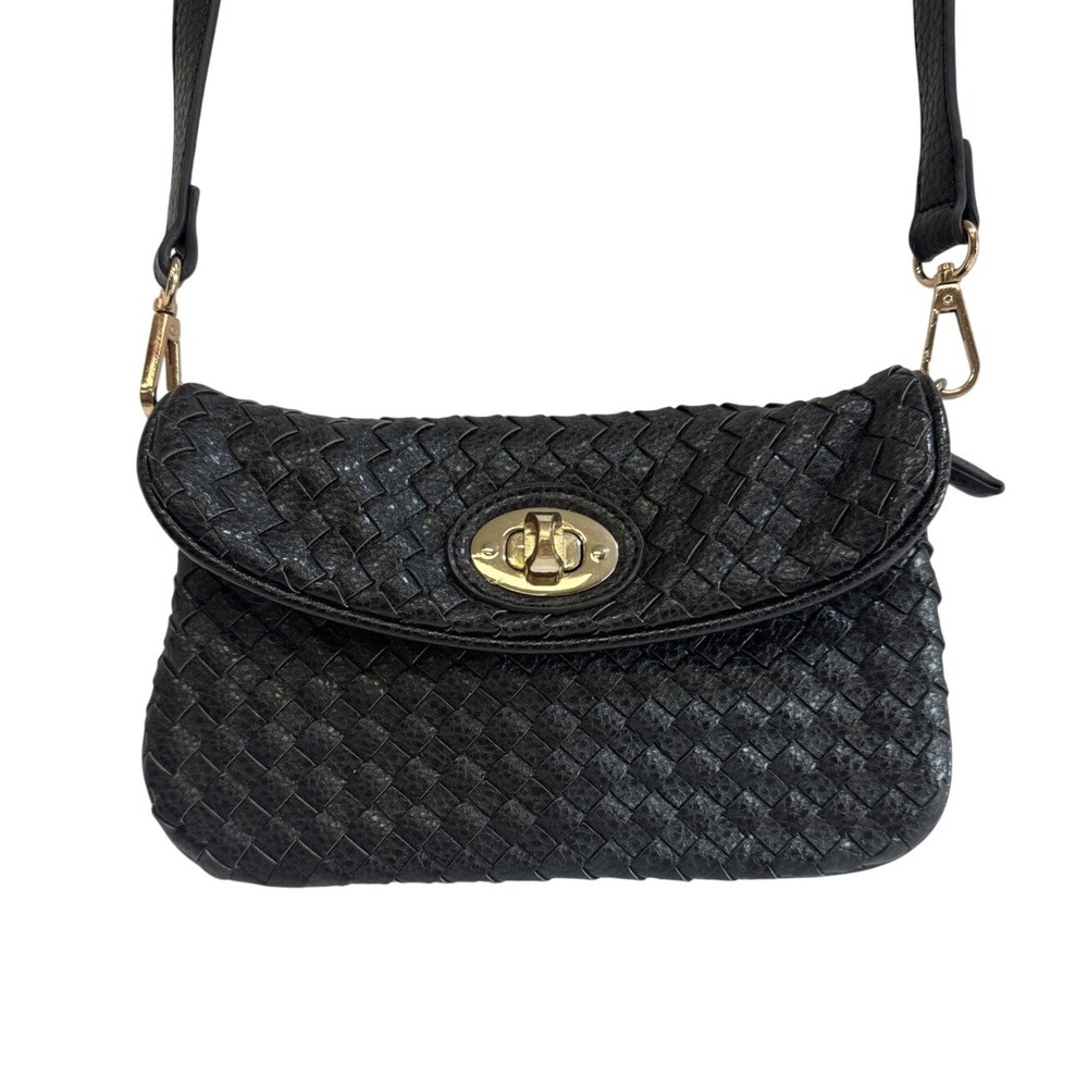 Black Woven Faux Leather Crossbody Bag Flap‎ Turn Lock Gold Tone Shoulder Bag